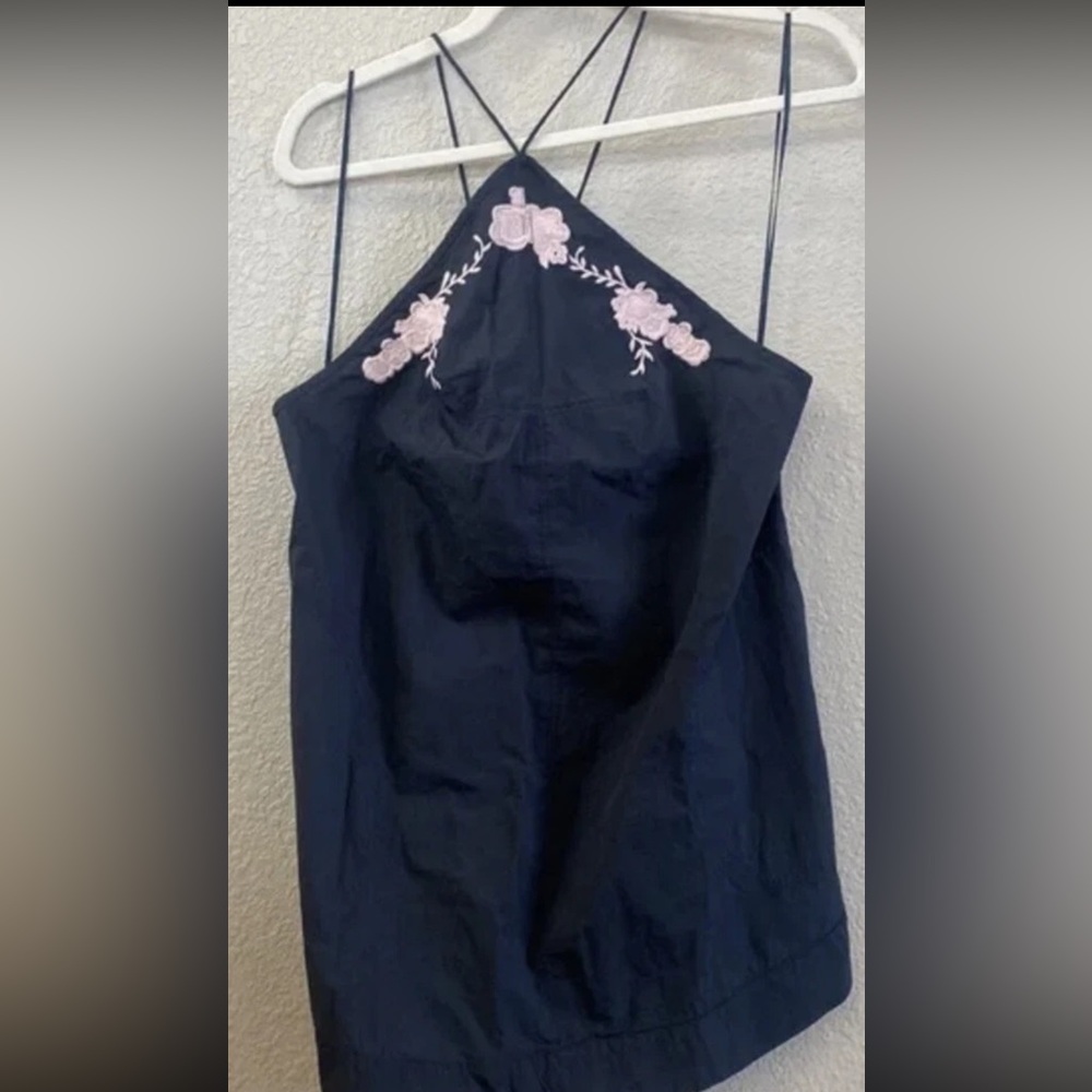 Free People Navy Halter Mini Dress with Pink Floral Embroidery Size S NWT